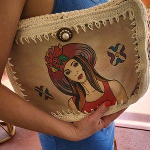 Cowhide  leather croched clutch hand painted